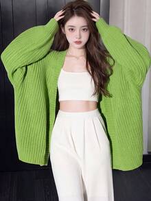 Women's Autumn/Winter Casual Minimalist Solid Color Loose V-Neck Cardigan Jacket - Green - View 1