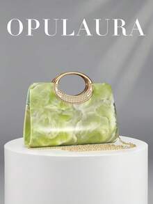 OpulAura 極簡大理石女款手提包，優雅亮面金屬條紋裝飾，附金屬鏈條，適合晚禮服、派對、婚禮、舞會等正式場合 - 綠色 - 查看 1