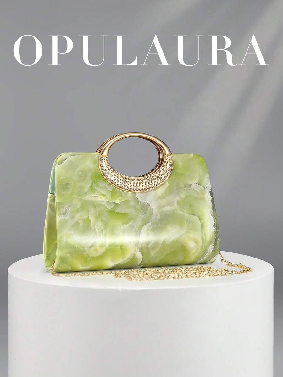 OpulAura 極簡大理石女款手提包,優雅亮面金屬條紋裝飾,附金屬鏈條,適合晚禮服、派對、婚禮、舞會等正式場合 - 綠色 - 查看 1
