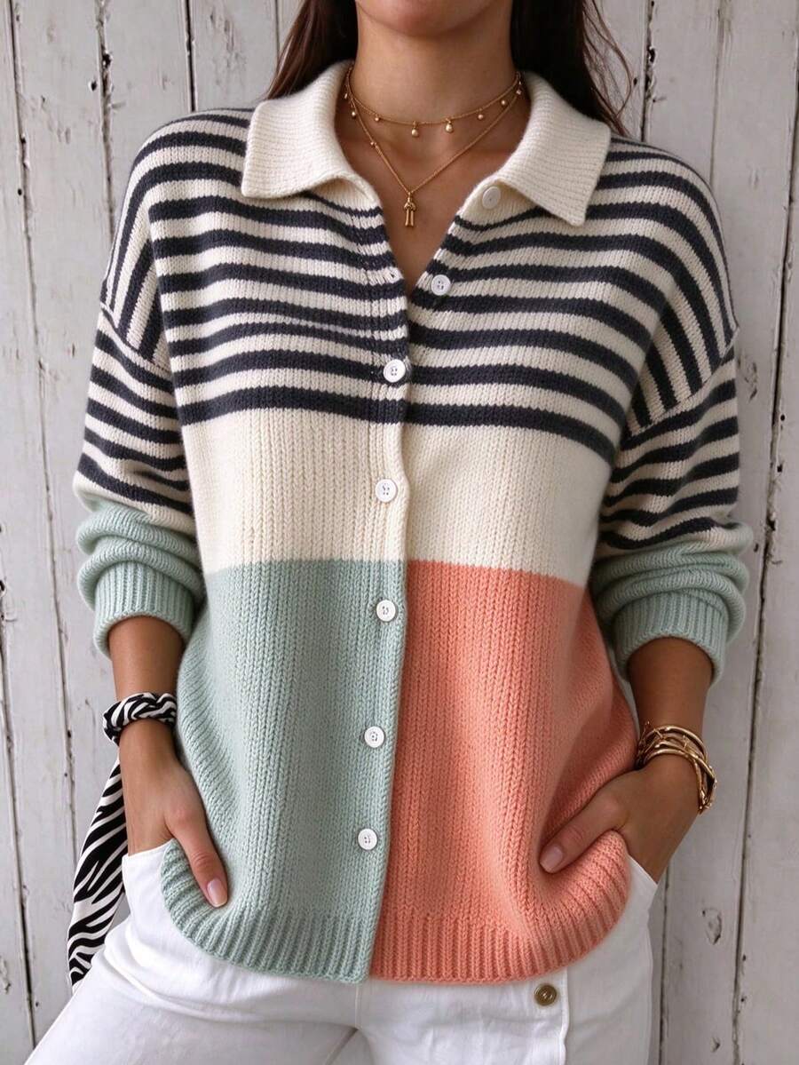 Autumn/Winter Retro Colorblock Striped Collared Sweater Cardigan - Multicolor - View 1