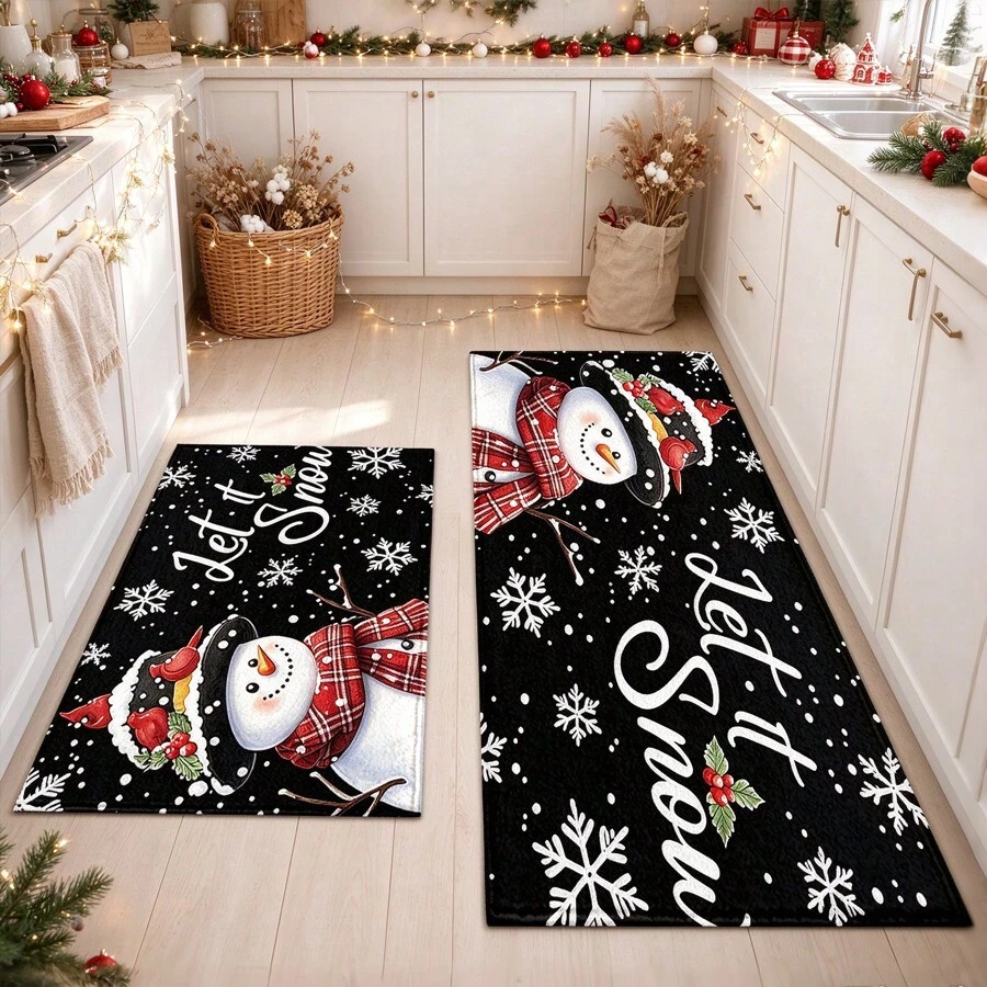 1pc Kitchen Floor Mat, Soft Faux Cashmere Material, Christmas Snowman Pattern, Non-Slip Kitchen Mat, Absorbent Bathroom Mat, Entryway Doormat, Bedroom Door Mat, Suitable For Multiple Scenarios, Room Decor, Holiday Gift - Multicolor - View 1