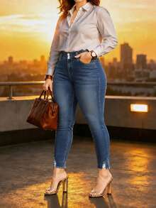 Plus Size High Waist 3-Button Slim Fit Denim Jeans, Tummy Control Stretch Blue Jeans Vacation Casual Fall - Blue - View 4