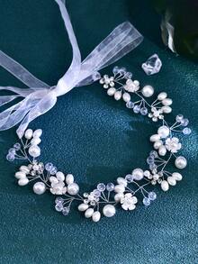 1PC Pearl Flower Bridal Hairband Fashion Rhinestone Synthetic Crystal Women's Headband Suitable For Wedding Holiday Party Hair Accessories - Silver - View 3