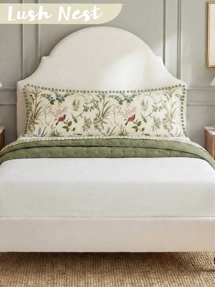 1pc Floral Bird Branch Leaf Green Pom Pom Decor Long Pillowcase - Soft Material Lightweight Breathable, Polyester Fabric, Green Pillowcase Suitable For Bedroom Sofa - Decorative Lumbar Cushion, Home Decor, Gift For Her, Suitable For All Year Round