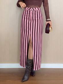 Pink Colorblock Vertical Striped Mid-High Waist Women's Denim Midi Skirt, Front Slit Frayed Hem Vintage Y2K Straight Denim Skirt, Autumn Fashion Outfit - Pink Stripes - View 3