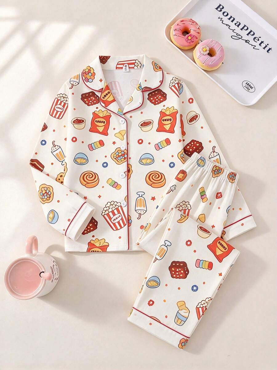 Big Girls Cute Snack Print Button Front Long Sleeve Pajama Set, 2-Piece Lapel Top + Pants, Soft Loungewear, Suitable For Spring, Autumn, Winter Home Wear - Multicolor - View 1