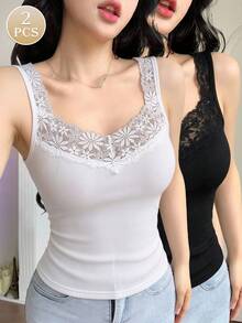 2pcs/Pack French Floral Lace Trim V-Neck Ribbed Camisole, Slim Fit Spaghetti Strap Sleeveless Tank Top, Women's Basic Layering Innerwear, Suitable For Daily Wear - Multicolor - View 2