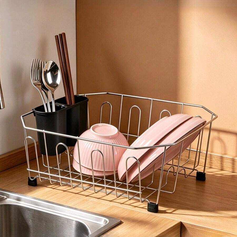 Stainless Steel Single-Tier Dish Drying Rack, Kitchen Dish Storage Rack With 8 Cup Holders, Non-Slip Feet, Dual Use For Countertop And Sink, Fits 12*14 Inch Sink, Space-Saving Dish Drying Rack, Suitable For Halloween, Christmas And Party Tableware Storage