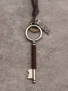 1pc Vintage Distressed Key Leather Necklace, English Letter Pendant Long Sweater Chain, Personalized Street Style Accessory, Halloween Christmas Party Gift, Unisex - Leather - View 4