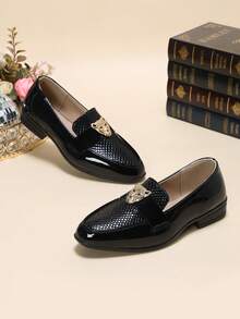 1 Pair New Boys' Leopard Head Decor Oxford Shoes, Fashionable Versatile British Style Shiny Formal Shoes Suitable For All Seasons - Black - View 5