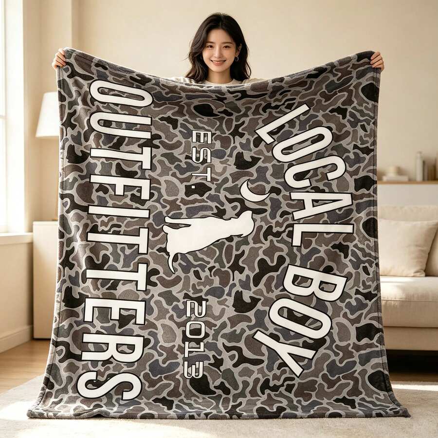 1PC Camo LOCAL BOY Letter Flannel Throw Blanket, Vintage Outdoor Style Blanket For Sofa Bedroom Home Decor - Multicolor - View 1