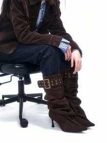 New Ruched Tall Stacked Boots Pointed Toe Over-The-Knee High Boots Vintage Wide Shaft Riding Boots - Coffee Brown - View 2