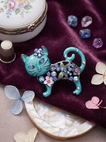 Vintage Floral Cat Brooch With Sparkling Rhinestones - Whimsical Feline Pin For Coat/Bag Decoration & Cat Lover Gifts - Cat (0462) - View 10