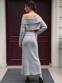 QUNGIGU Women Old Money Style Two Pieces Set Off Shoulder Ribbed Top Knit Straight Skirt Apparel For Dinner Party Going Out Dating Fall Winter - Grey - View 5