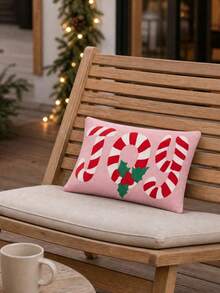 Pink Christmas Candy Cane Decorative Pillow, Red And White Striped Print With Holly Berry Pattern, Holiday Home Decor - Multicolor - View 3