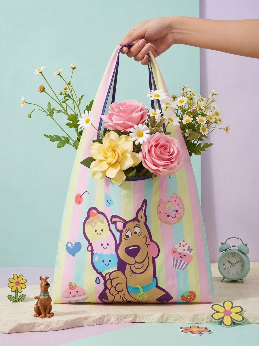 SCOOBY-DOO X Joivida 1pc Reusable Foldable Large Capacity Tote Bag For Women,Versatile For Commuting, Travel, Shopping, Convenient Open-Close - Pink yellow - View 1