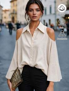Women's Loose Striped Batwing Sleeve Vintage Casual Elegant Blouse, Suitable For Daily, Outing, Vacation Wear In Spring And Autumn - Apricot - View 4