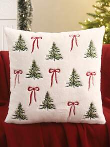 Miater 1pc/2pcs Christmas Decorative Pillow Case, Plush Embroidered Snowflake Christmas Tree Bow, Winter Sofa Living Room Bedroom Home Decor Party Holiday Gift - Green - View 9