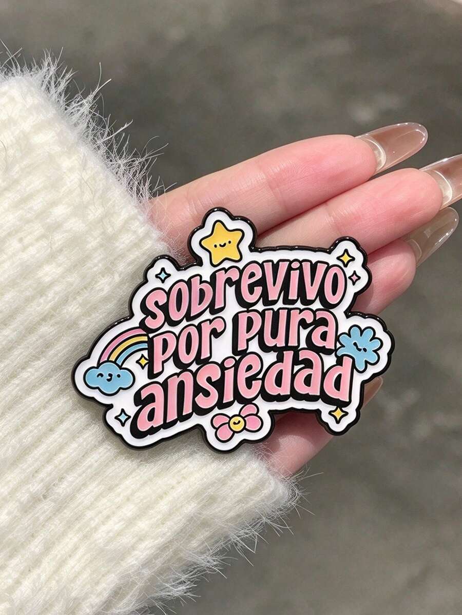 QIHOO 1pc Cute Enamel Brooch "I Survived Pure Anxiety", Fun Badge With Star Rainbow Flower Pattern, Metal Lapel Pin, Suitable For Backpack Denim Jacket, Gift For Friends - Multicolor - View 1