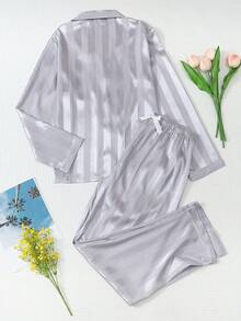 2pcs Satin Striped Pajama Set, Sweet And Cute Lapel Button Long Sleeve Top And Pants, Women's Sleepwear And Loungewear For Home Use - Grey - View 2