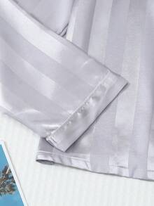 2pcs Satin Striped Pajama Set, Sweet And Cute Lapel Button Long Sleeve Top And Pants, Women's Sleepwear And Loungewear For Home Use - Grey - View 6