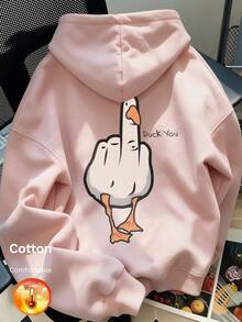 Autumn/Winter Women's Fleece Hoodie With Cartoon Duck Graphic And "Duck You" Print On Back, Y2K Style - Sand Red - View 2