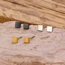 1 Pair Mini Square Stud Earrings, Stainless Steel Geometric Small Ear Studs, Minimalist Daily Jewelry For Women Men - GED821 - View 6