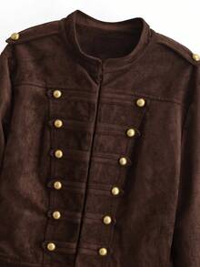 ZAHM Vintage Palace Dark Coffee Faux Suede Jacket For Women, Stand Collar Double Breasted Waist Cinch Ruffle Hem French Jacket - Coffee Brown - View 8