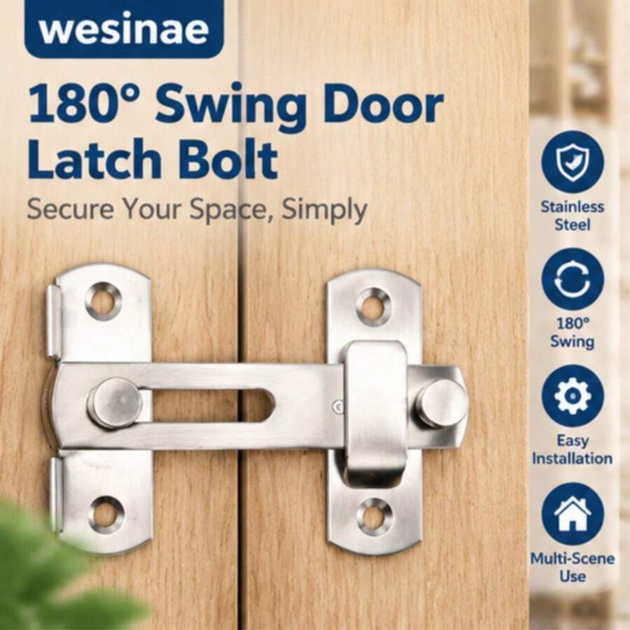 Stainless Steel 180° Swing Door Latch Safety Door Hook With Installation Screws, Anti-Slip Sliding Door Lock For Home, Suitable For Cabinets, Barn Wooden Doors, Bathroom Hardware Accessories