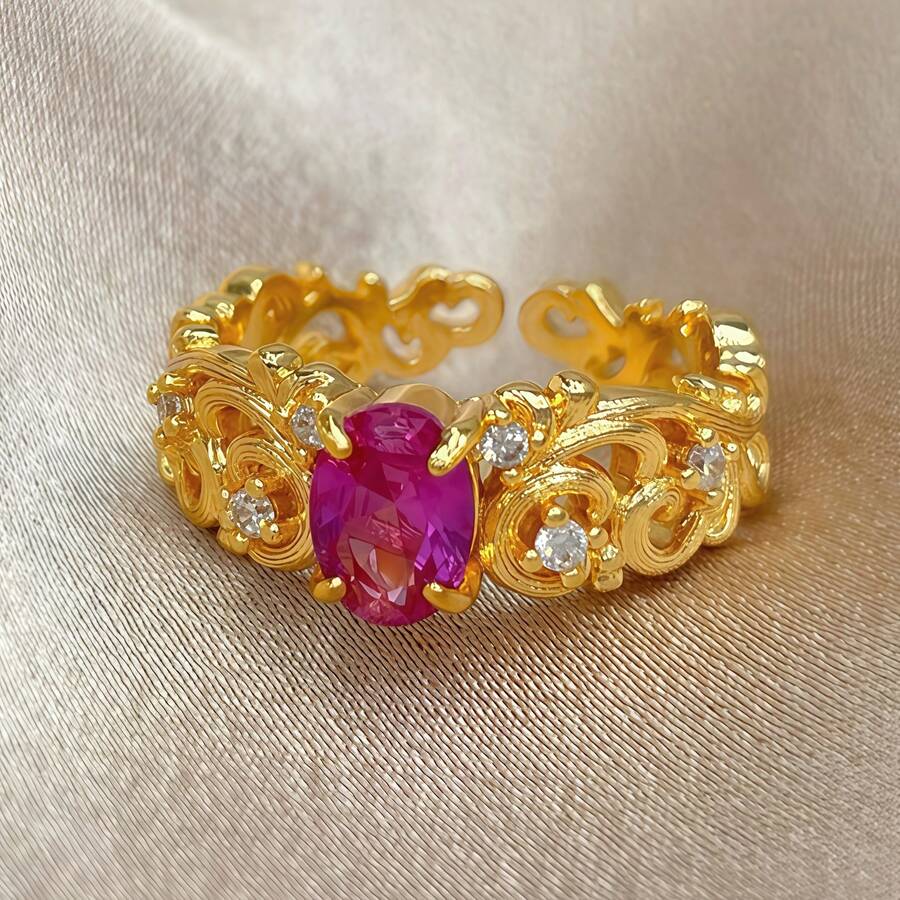 French Vintage Hollow Carved 18K Gold Plated Red Oval Zirconia Inlaid Open Ring For Women - Red - View 1