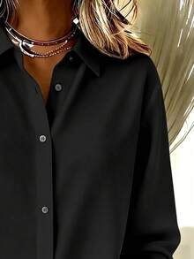 Basic Casual Women's Plus Size Autumn Long Sleeve Lightweight Button-Up Shirt - Black + White - View 8