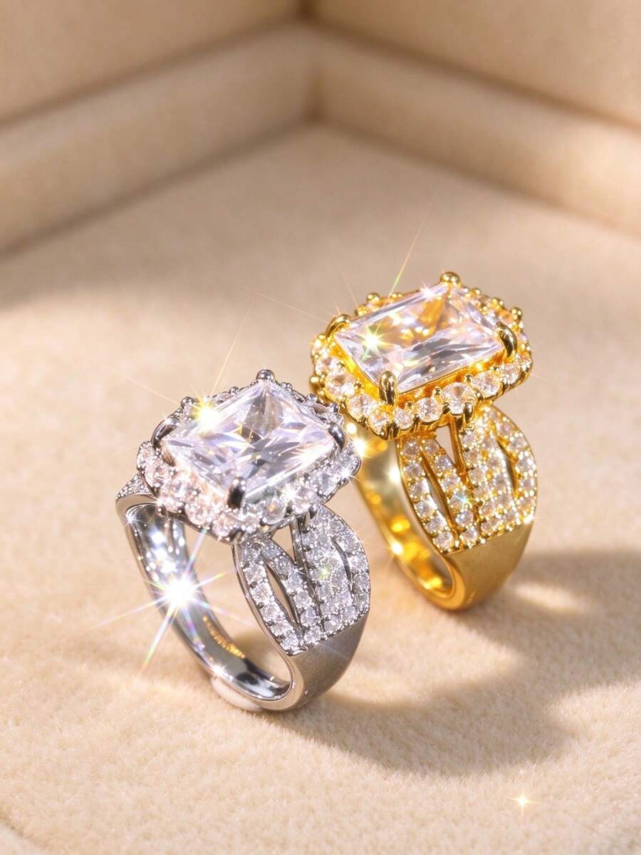 1PC Women's Rectangular Halo Zirconia Ring, Dual Color Options, Sparkling Cluster Zirconia Engagement Promise Ring, Exquisite Personalized Jewelry, Ideal Gift For Valentine's Day, Christmas, Birthday - Fashion - View 1