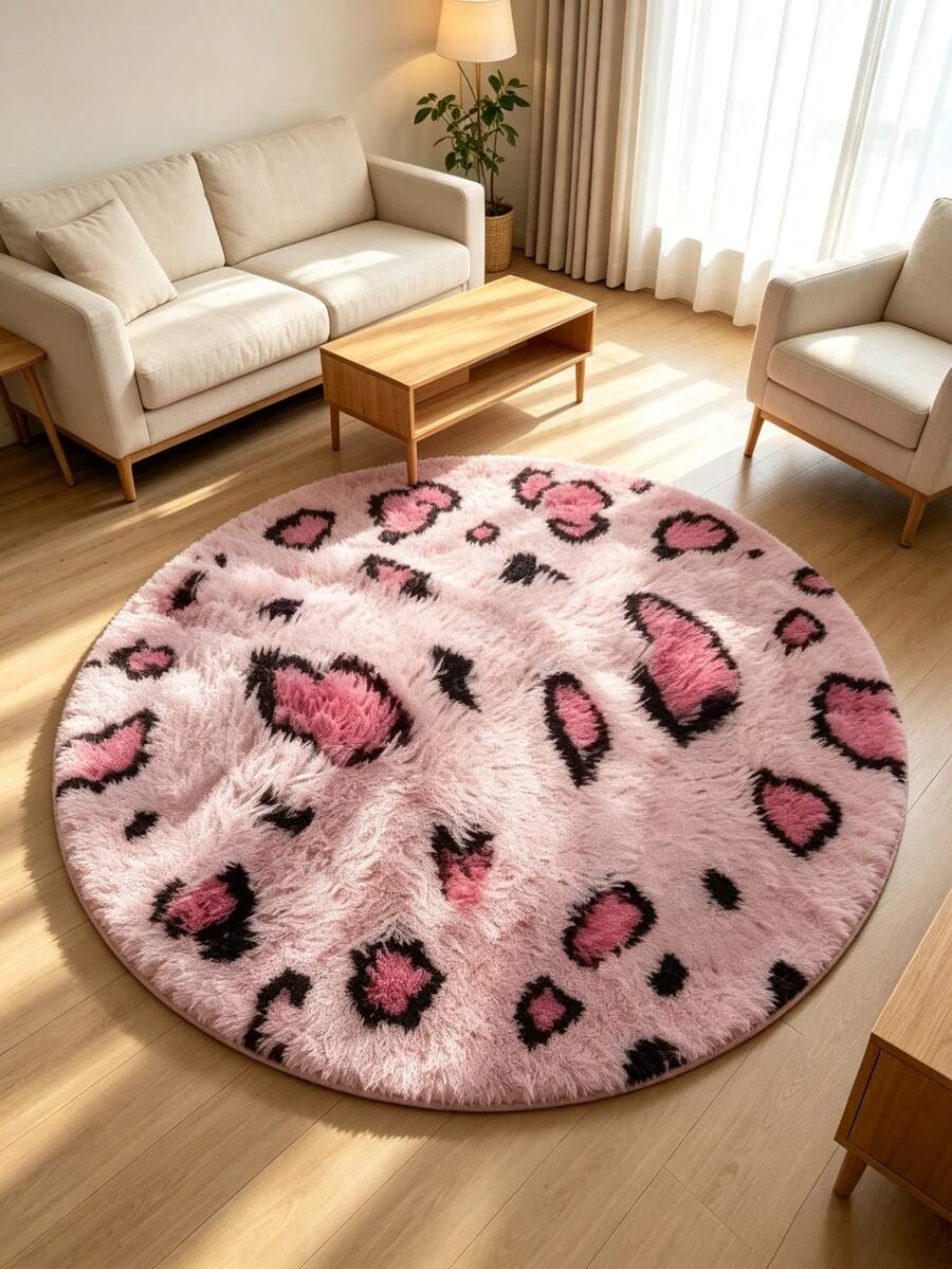 1pc, Sweet & Cool Heart Leopard Print Round Rug, Soft Pink Base With Heart Pattern Design, Gentle Yet Unique, Easily Brighten Home Space, Christmas Decor Rug, Fun Machine Washable Rug, Indoor/Outdoor Use, Holiday Gift Home Decor Rug, Multiple Sizes Available, Suitable For Bathroom, Kitchen, Bedroom, Hallway, Dining Room, Living Room, Indoor/Outdoor Entryway And Other Areas - Multicolor - View 1
