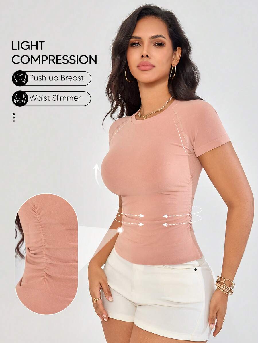 Suprenx 1pc Women's Ruched Waist Slim Fit Bamboo Fiber Short Sleeve Top, Comfortable Shaping T-Shirt - Dusty Pink - View 1