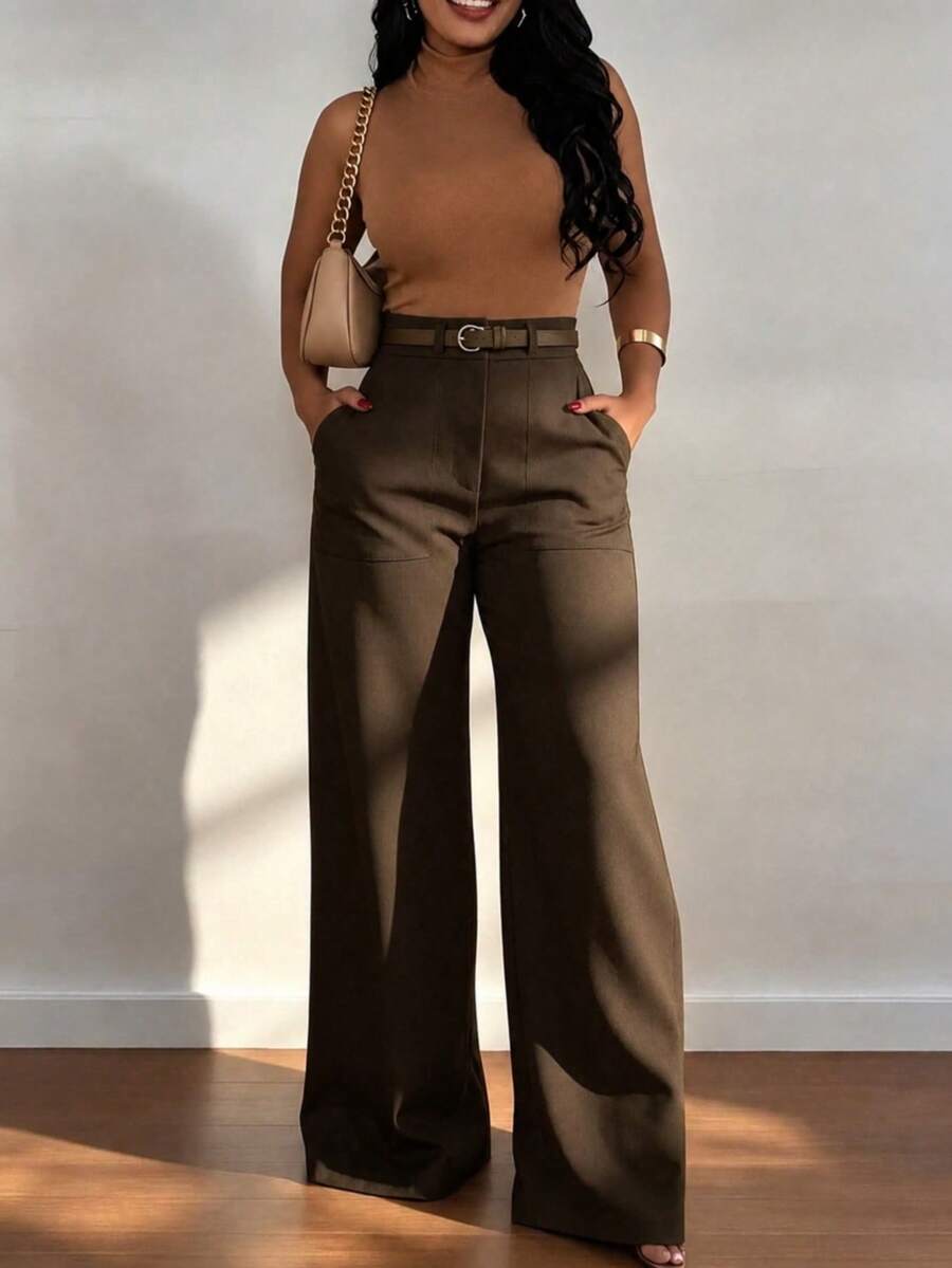 Women's Fashion High Waist Straight Leg Casual Pants Black Woven Fabric Pockets Zipper (Belt Not Included) - Coffee Brown - View 1