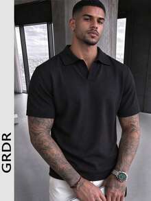 GRDR Men's Minimalist Airplane Collar Short Sleeve T-Shirt, Casual Commuter Wear - Black - View 1