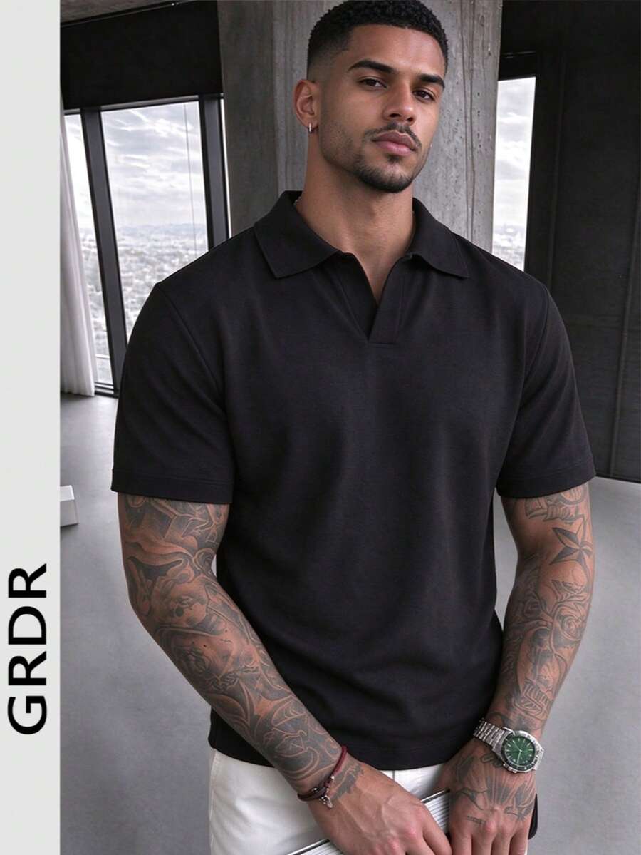 GRDR Men's Minimalist Airplane Collar Short Sleeve T-Shirt, Casual Commuter Wear - Black - View 1