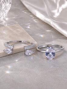 1pc Classic Three-Stone Oval Main Stone Inlaid Ring, Luxury Sparkling Women's Ring, Engagement Proposal Anniversary Jewelry Accessory, Suitable For Daily Wear, Girlfriend Best Friend Gift, Party, Gathering - Ring Set - View 2