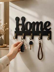 Giá treo chìa khóa gắn tường bằng gỗ bán chạy nhất, giá treo chìa khóa chữ "Home" thời trang màu đen, kệ lưu trữ gắn tường, giá tổ chức chìa khóa nghệ thuật, móc trang trí lối vào - Móc treo chìa khóa nhà chữ đen - Xem 1
