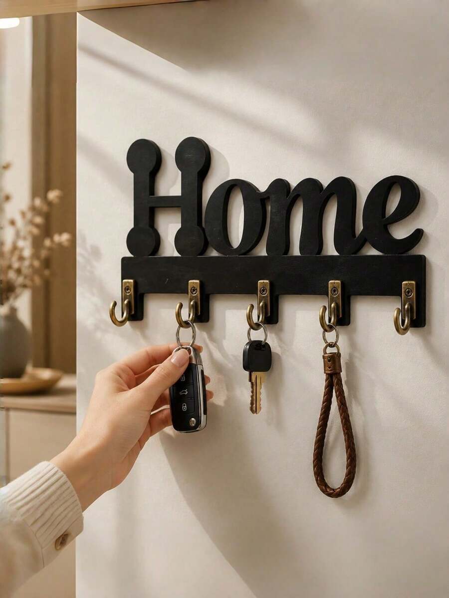Giá treo chìa khóa gắn tường bằng gỗ bán chạy nhất, giá treo chìa khóa chữ "Home" thời trang màu đen, kệ lưu trữ gắn tường, giá tổ chức chìa khóa nghệ thuật, móc trang trí lối vào - Móc treo chìa khóa nhà chữ đen - Xem 1