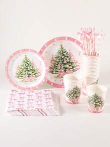 120PCS Christmas Disposable Paper Tableware Set, Includes 7-Inch And 9-Inch Plates, Cups, Napkins And Straws; Featuring Pink And Green Christmas Tree, Gift Box Bow And Decorative Pattern Design, Suitable For Christmas Party, Holiday Dinner, Winter Celebration And Pink-Themed Holiday Table Decor. - Multi-color 1 - View 4