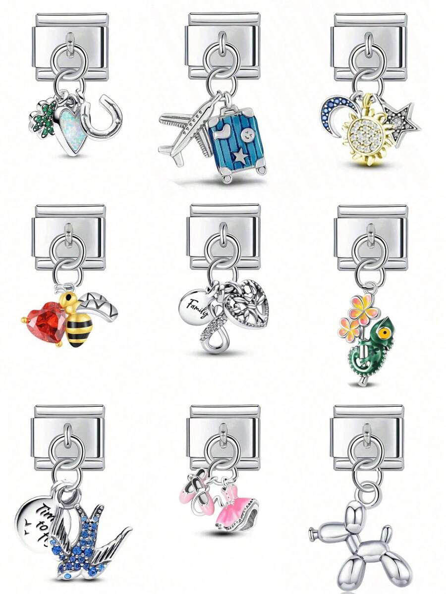 DIY Jewelry Making Kit With Modular Italian Bracelet Charms, Stainless Steel Bracelet Chain With Pink Heart, Backpack And Flower Pendants, Suitable For Everyone, Unique Gift For Women, Charms For Bracelet - Fashion Accessories - View 1