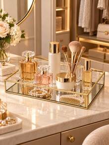 1pc Nordic Rectangular Transparent Glass Jewelry Tray, Gold Iron Frame Mirrored Glass Bottom Storage Box, Organizer For Perfume Cosmetics Makeup Brushes Lipstick Accessories, Vanity Home Decor - Multicolor - View 1
