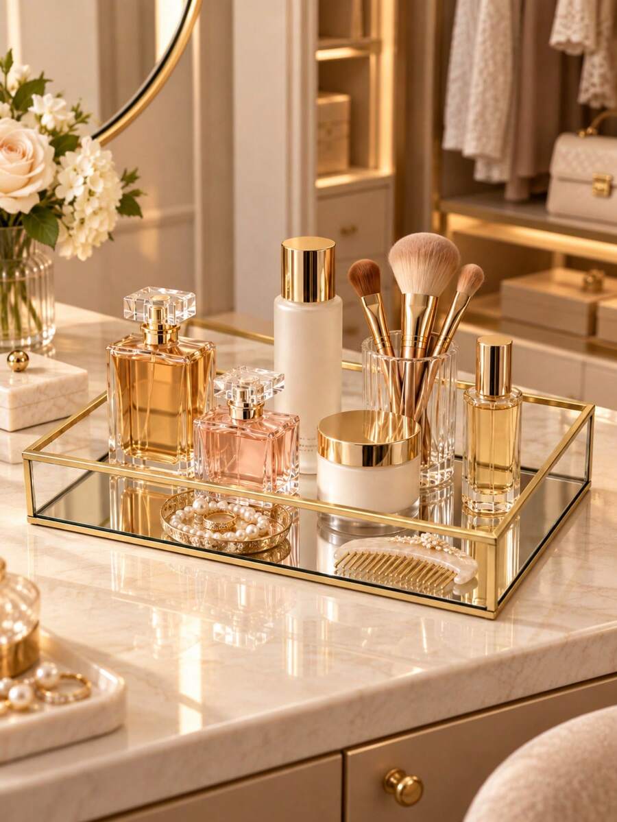 1pc Nordic Rectangular Transparent Glass Jewelry Tray, Gold Iron Frame Mirrored Glass Bottom Storage Box, Organizer For Perfume Cosmetics Makeup Brushes Lipstick Accessories, Vanity Home Decor - Multicolor - View 1