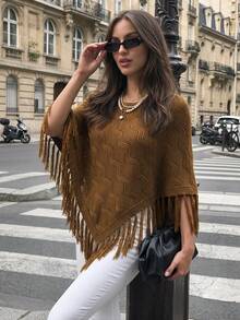 Autumn Brown Fringe Knit Poncho Cape For Women Wave Hollow Pattern Asymmetric Wrap Fall Clothes Elegant Casual Going Out Outfits - Brown - View 8