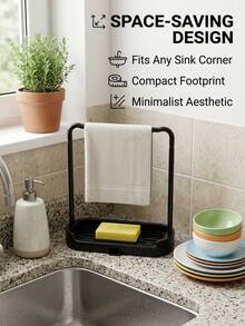 2pcs Kitchen Sink Organizer Rack With Dish Cloth Hanging Bar And Water Tray, Black Sponge Holder For Countertop, Dish Cloth Drying Rack For Kitchen Organization, Plastic Dish Cloth Drying Rack With Drainage Tray, Double Layer Kitchen Sink Organizer And Sponge Rack, Countertop Storage Rack For Dish Cloth And Small Kitchen Storage, Also Suitable For Storage, Outdoor Garden Decoration, Fan Decoration, Room Decoration - Multicolor - View 6