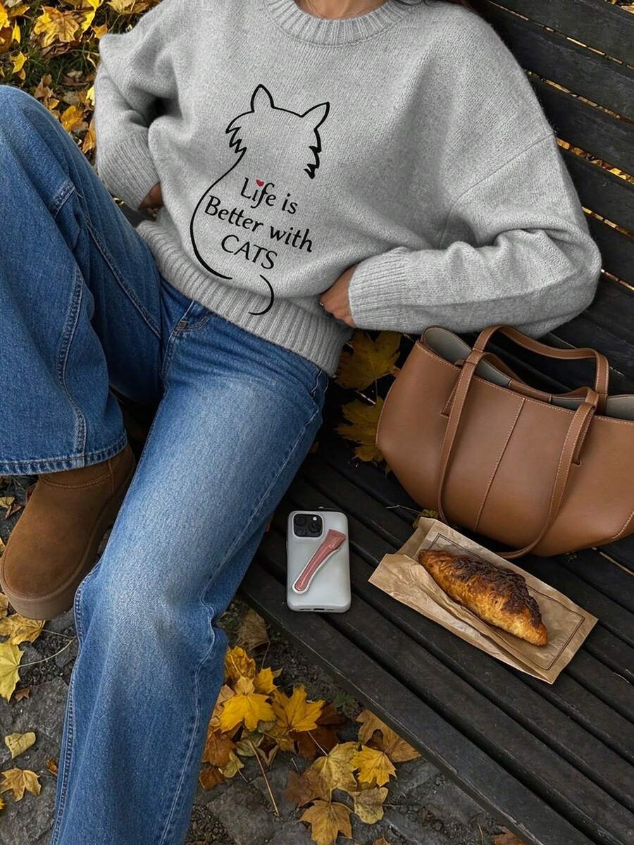 Atasan Rajut Kasual Longgar Lengan Panjang Motif Kucing, Hati, dan Huruf untuk Wanita Musim Gugur/Dingin - Sweater Serbaguna untuk Waktu Minum Teh di Rumah - Grey - View 1