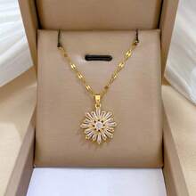 1 Set Stainless Steel Chain Zirconia Sunflower Pendant Women's Fashion Necklace & Earrings Jewelry Set, Gift Accessory - Gold - View 6