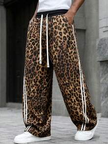 American Vintage Wild Leopard Print Side Double White Stripe Wide Leg Pants, Drape Long Casual Trousers With Elastic Drawstring Waist, Adjustable, Fashionable And Comfortable - Light Grey - View 3