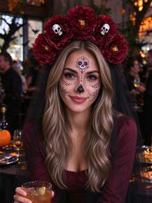 1件酒紅色牡丹骷髏面紗髮箍，哥德風暗黑新娘花冠，女性萬聖節角色扮演派對拍照髮飾 - 彩色 - 查看 2